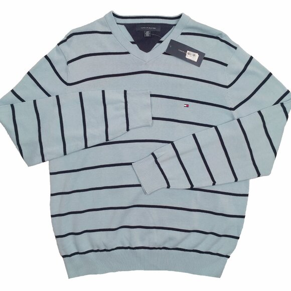 NEW Tommy Hilfiger Sweater! Light Blue  Black Stripes V Neck Tommy Flag on Chest - Picture 1 of 1